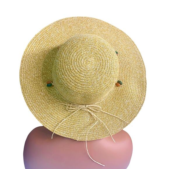 Strand Headwear Womens Summer Sun Hat Floppy Woven Straw Gold Thread Beaded Band - Picture 1 of 8